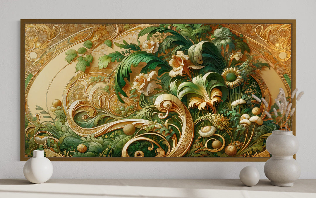 Green Gold Art Nouveau Flowers Framed Canvas Wall Art