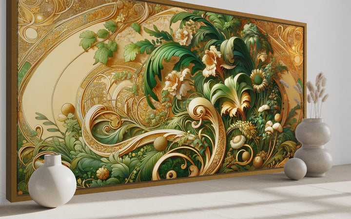 Green Gold Art Nouveau Flowers Framed Canvas Wall Art