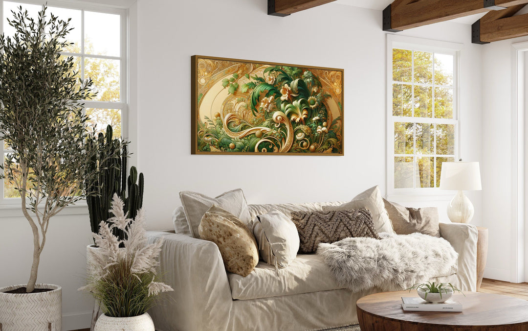 Green Gold Art Nouveau Flowers Framed Canvas Wall Art