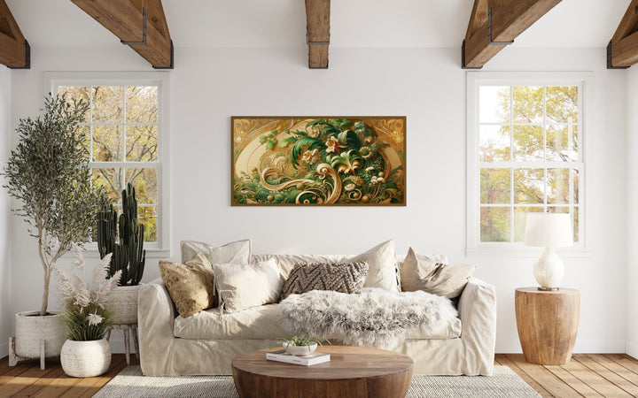 Green Gold Art Nouveau Flowers Framed Canvas Wall Art