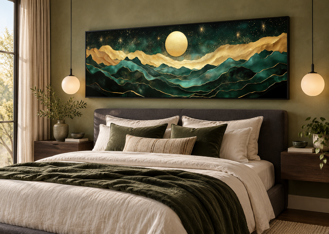 Panoramic emerald green and gold mountain wall art with a glowing moon above a modern bed.