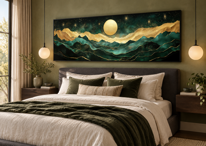 Panoramic emerald green and gold mountain wall art with a glowing moon above a modern bed.