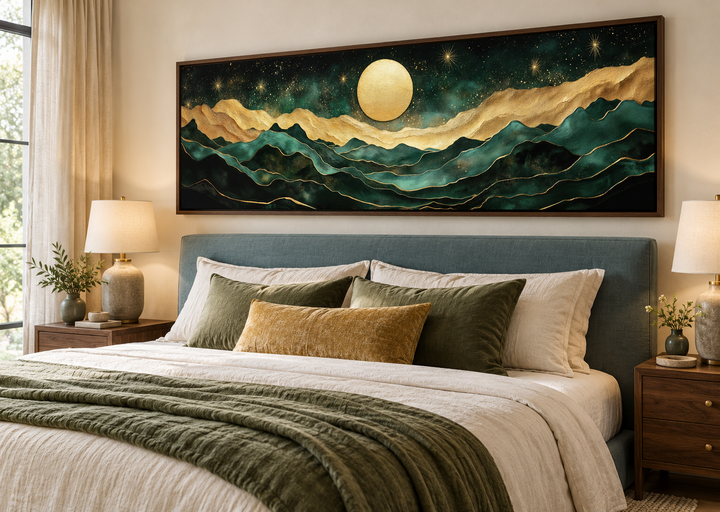 Emerald green and gold mountain landscape canvas with a glowing moon above a bed.