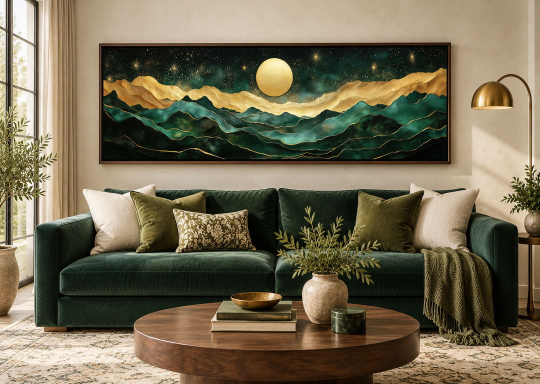 Emerald green and gold panoramic canvas wall art with mountains and moon above a green velvet sofa.