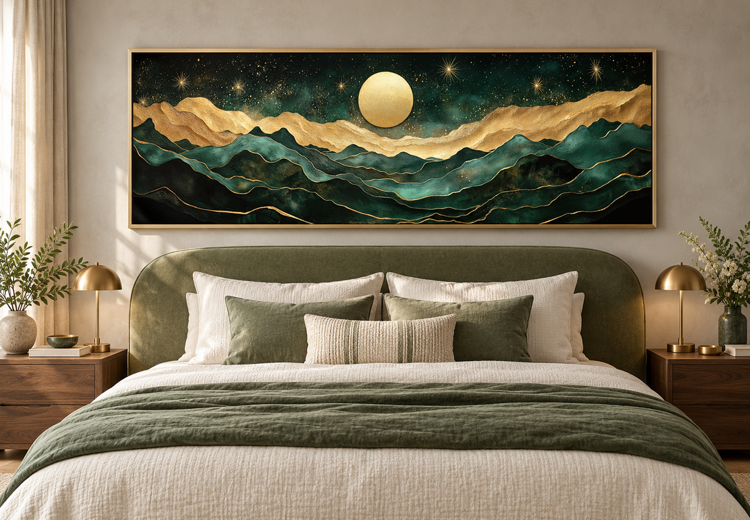 Emerald green and gold panoramic mountain wall art with a moon above a bed in a modern bedroom.