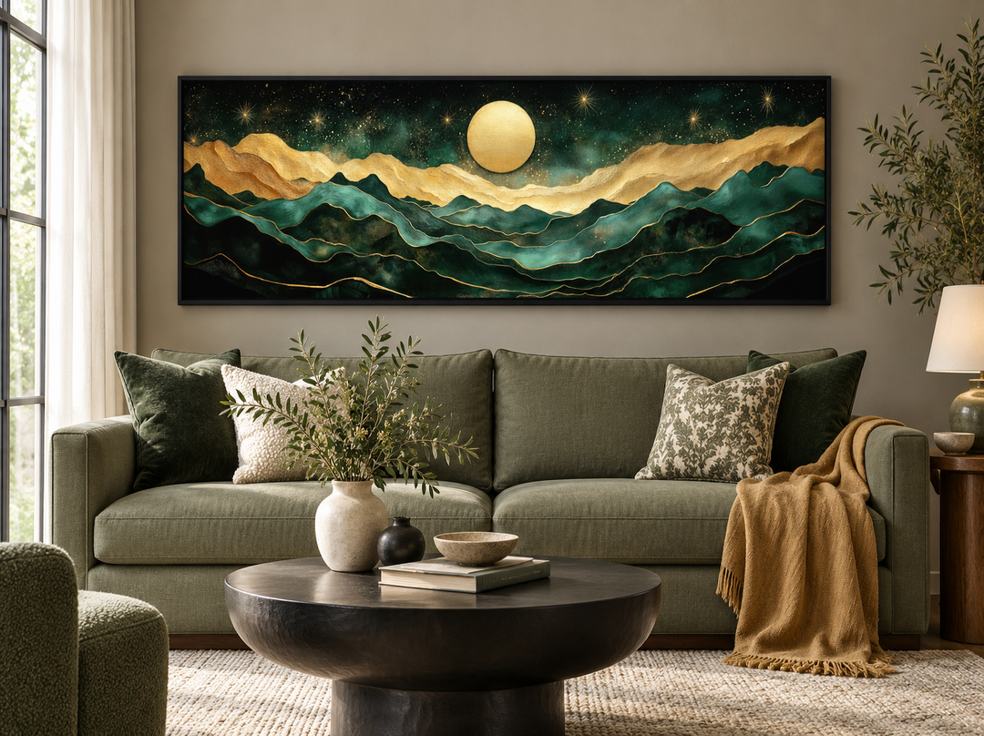 Emerald green and gold panoramic mountain landscape wall art with a moon above a green sofa.