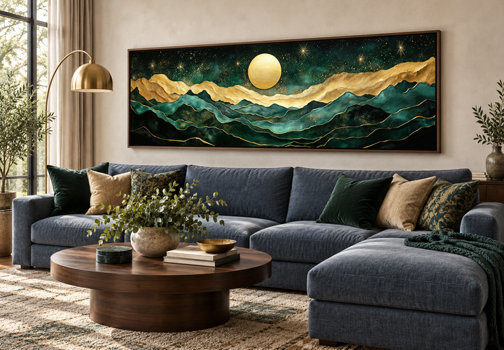 Emerald green and gold panoramic wall art of mountains and a moon above a blue sectional sofa.