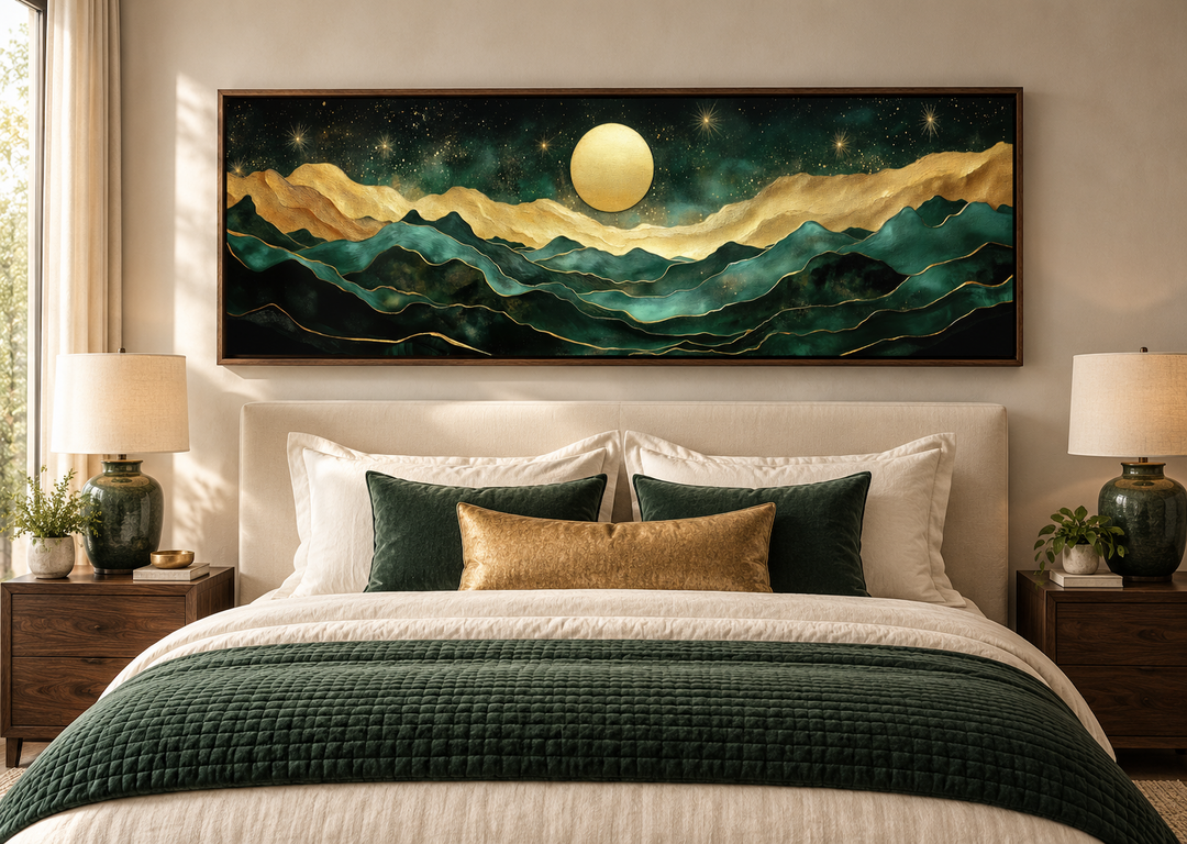 Emerald green and gold panoramic mountain wall art with a glowing moon above a bed.