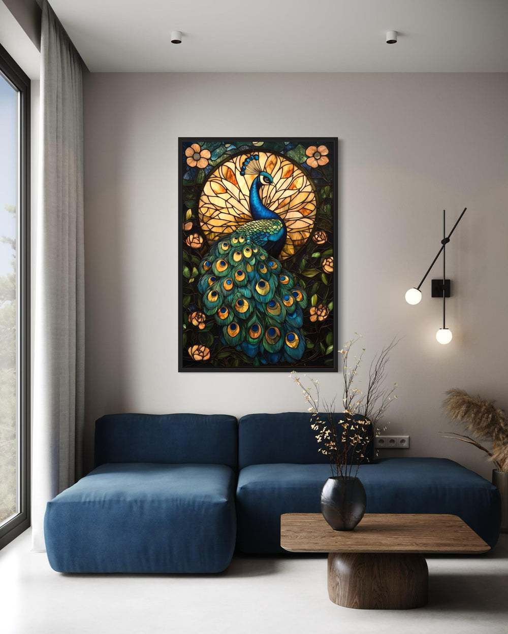 Green Gold Peacock Stained Glass Style Canvas Wall Art
