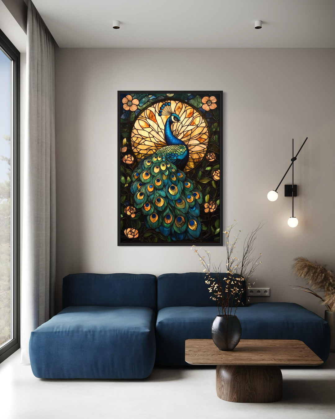 Green Gold Peacock Stained Glass Style Canvas Wall Art