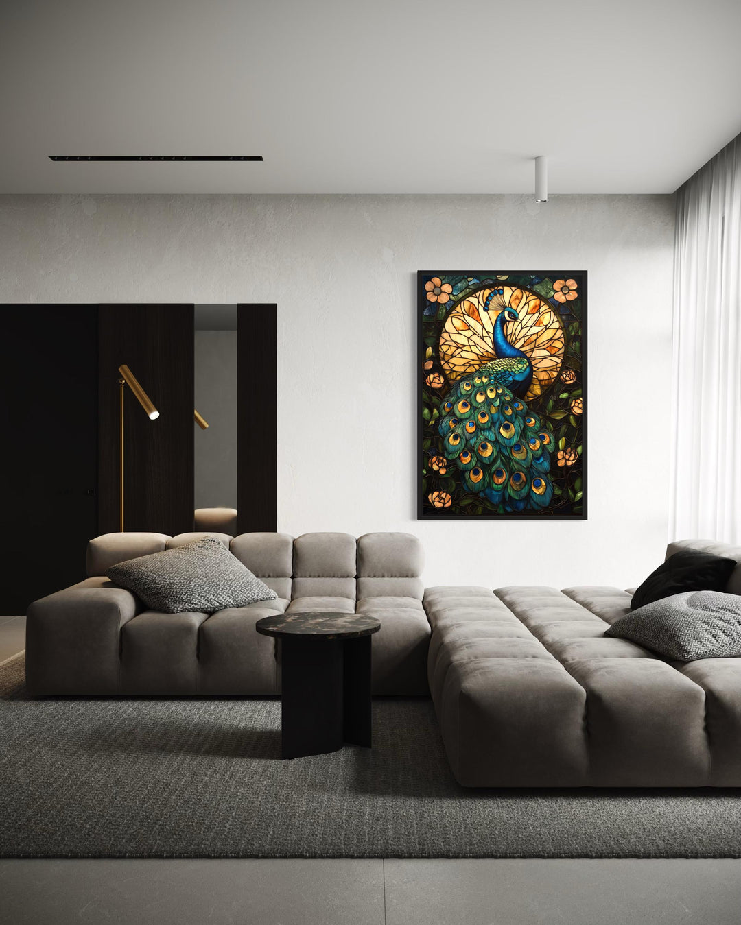 Green Gold Peacock Stained Glass Style Canvas Wall Art