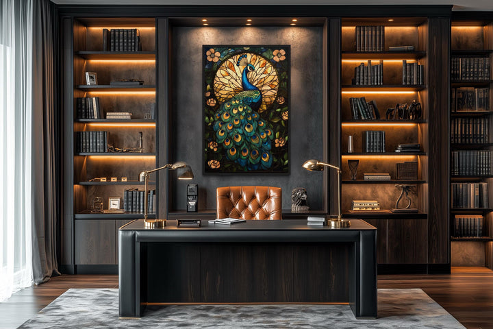 Green Gold Peacock Stained Glass Style Canvas Wall Art
