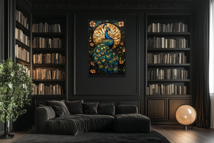 Green Gold Peacock Stained Glass Style Canvas Wall Art