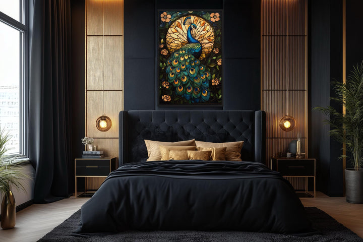 Green Gold Peacock Stained Glass Style Canvas Wall Art