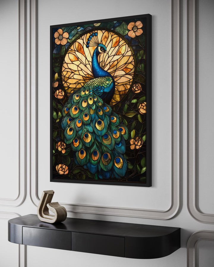 Green Gold Peacock Stained Glass Style Canvas Wall Art