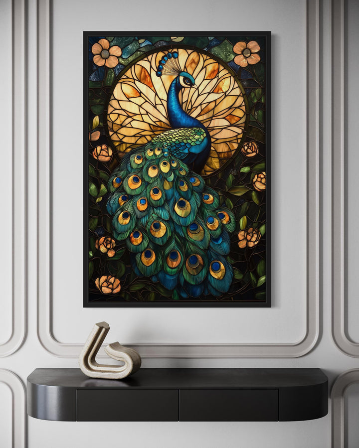 Green Gold Peacock Stained Glass Style Canvas Wall Art