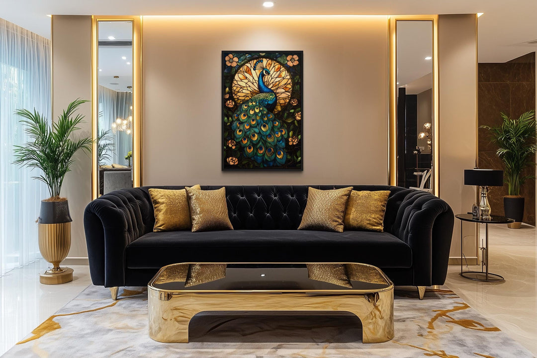 Green Gold Peacock Stained Glass Style Canvas Wall Art