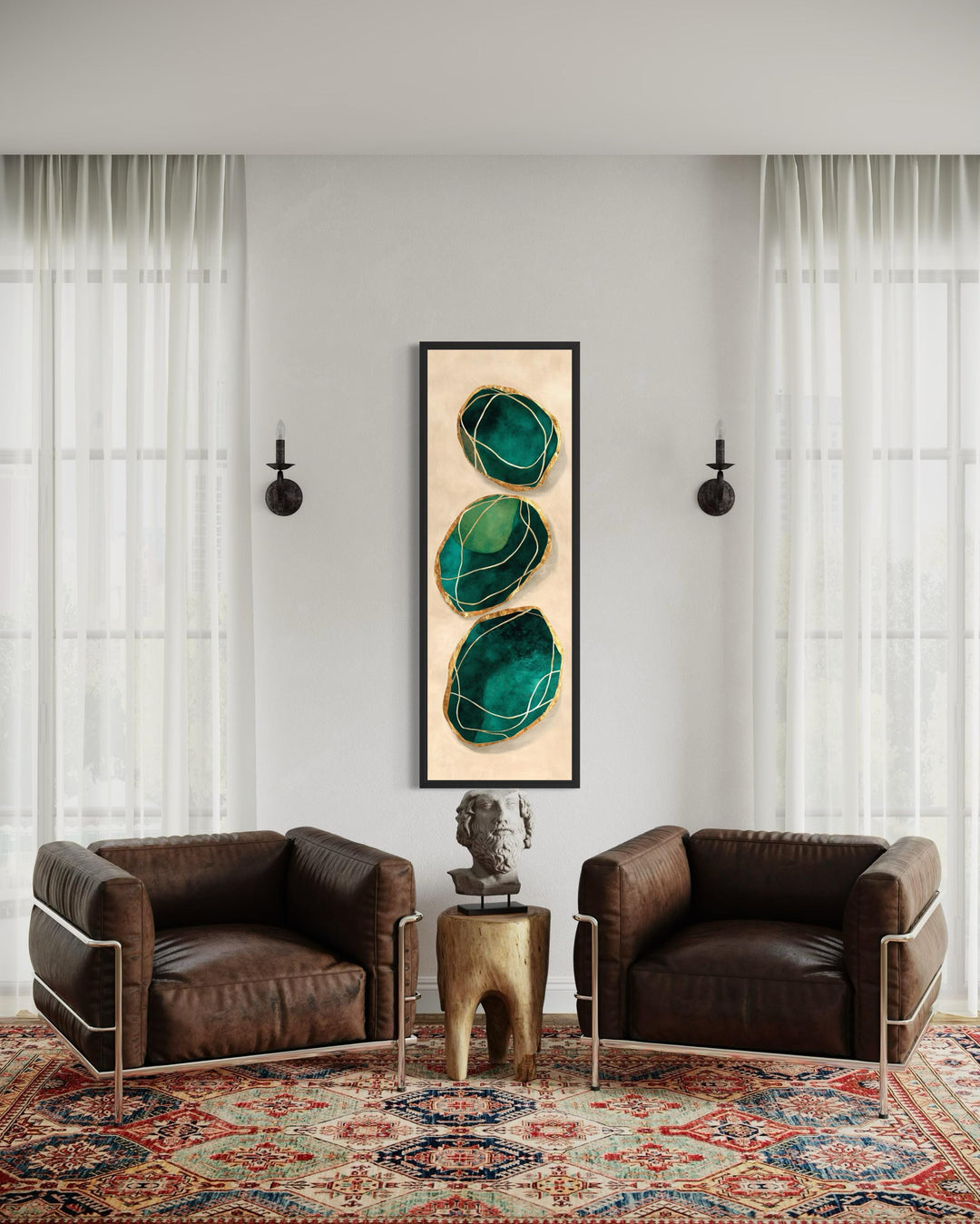 Vertical abstract painting of three green and gold stones on a canvas in a modern living room.
