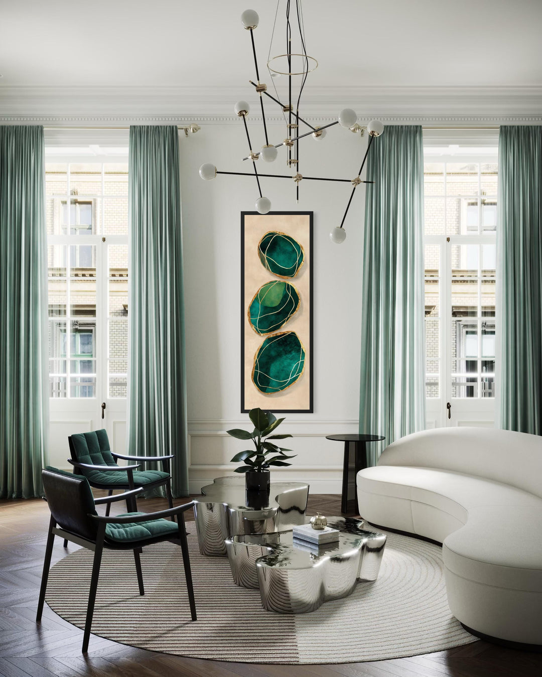 Vertical abstract wall art featuring three green and gold stones on a tall canvas in a modern room.