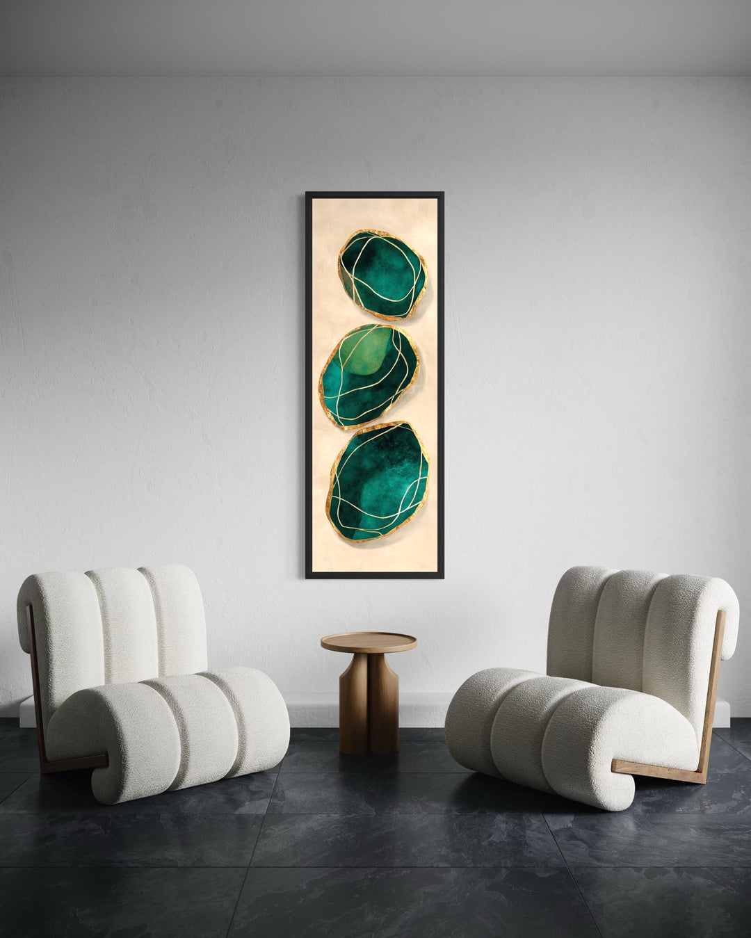 Vertical abstract painting of three green and gold stones on a canvas in a modern living room.