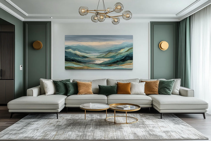 Horizontal green, grey, and gold mountain landscape wall art hanging above a modern grey sofa.
