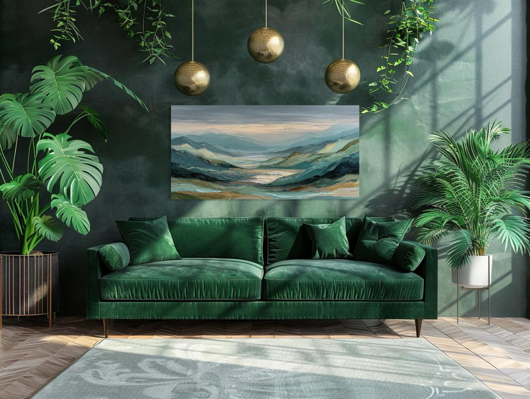 Horizontal green, grey, and gold mountain landscape wall art centered above a green velvet sofa.
