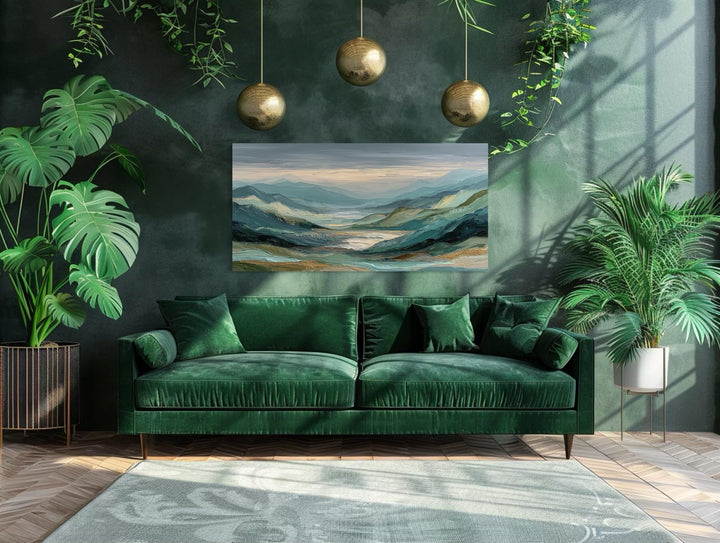 Horizontal green, grey, and gold mountain landscape wall art centered above a green velvet sofa.