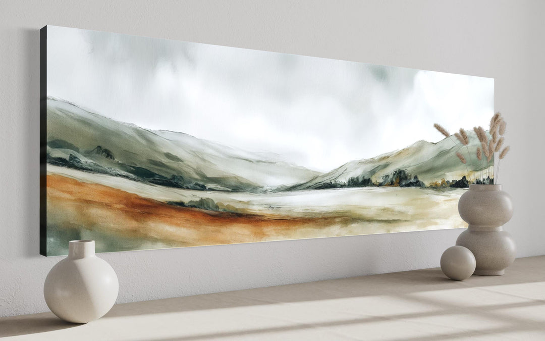 Panoramic green landscape canvas print featuring minimalist sage hills and warm earth tones.