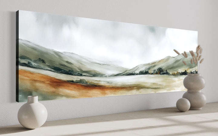 Panoramic green landscape canvas print featuring minimalist sage hills and warm earth tones.