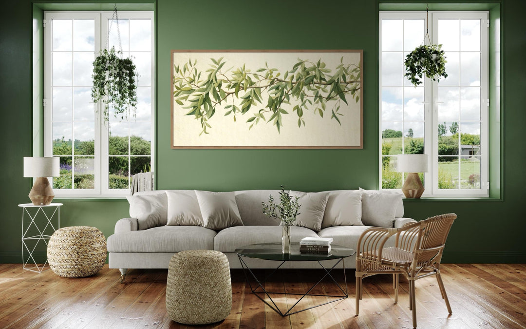 Farmhouse Wall Decor - Green Leaves Sage Green Framed Canvas Wall Art