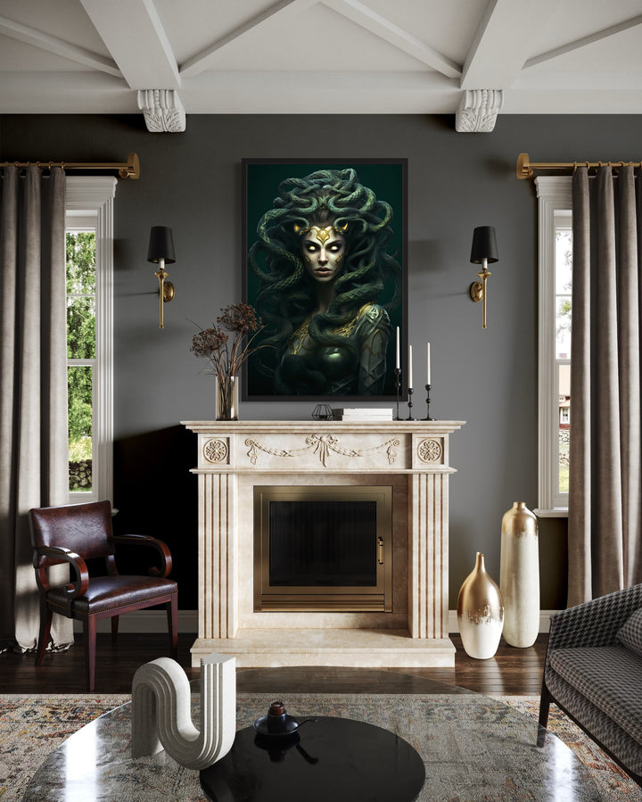 Green Medusa Gorgon Greek Mythology Framed Canvas Wall Art