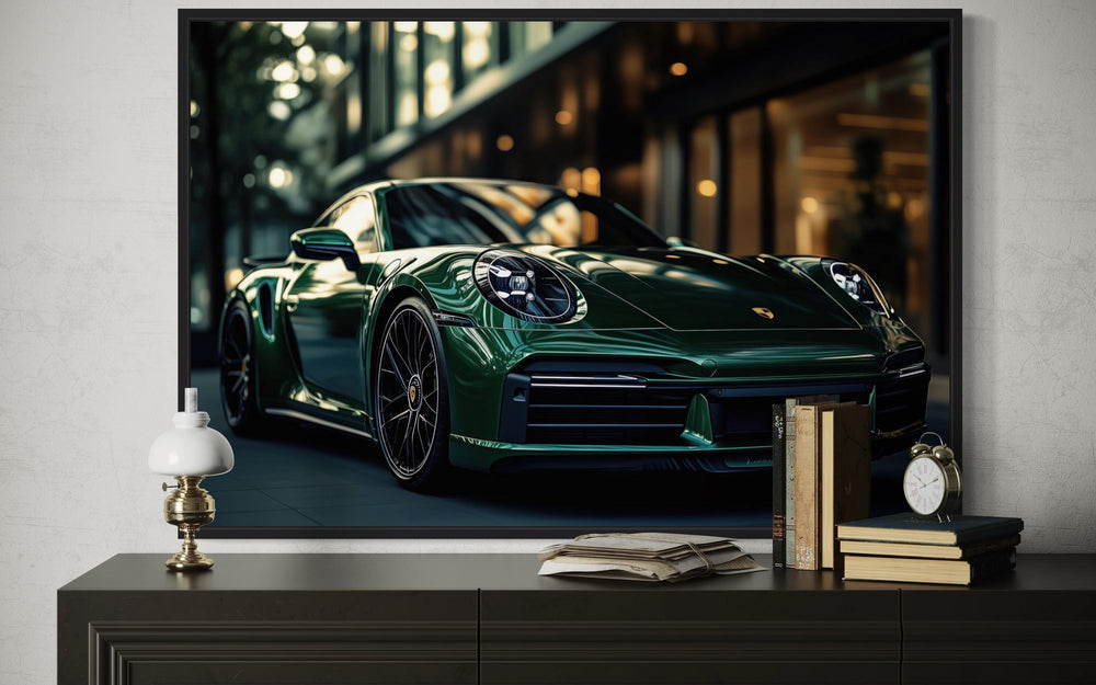 Green Porsche 911 Turbo S Framed Canvas Wall Art