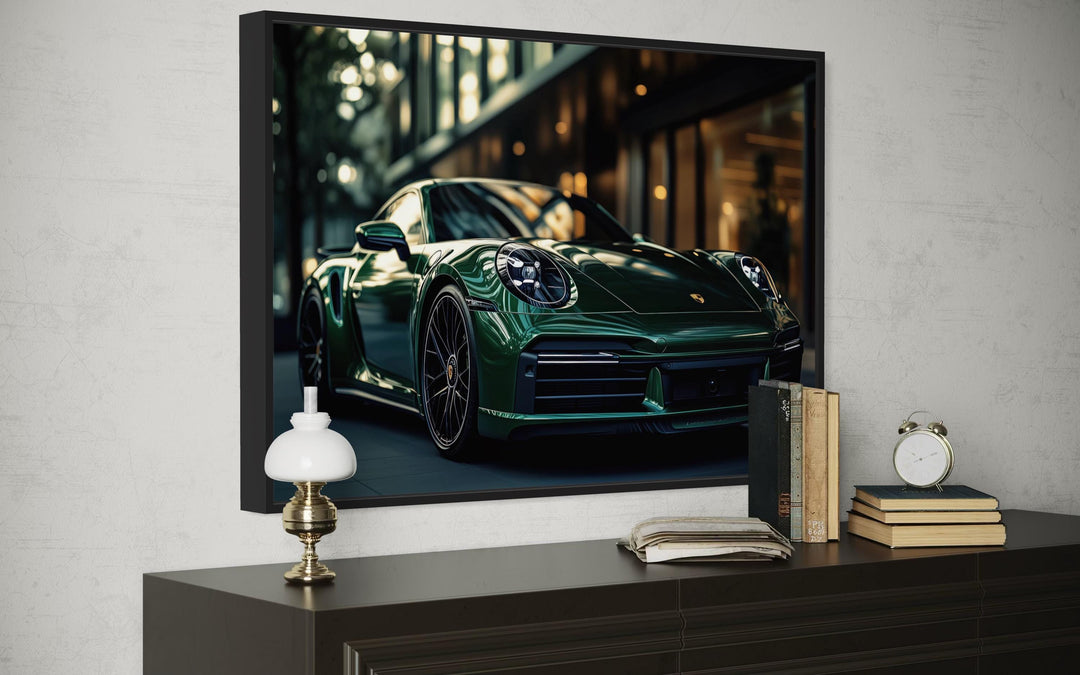 Green Porsche 911 Turbo S Framed Canvas Wall Art