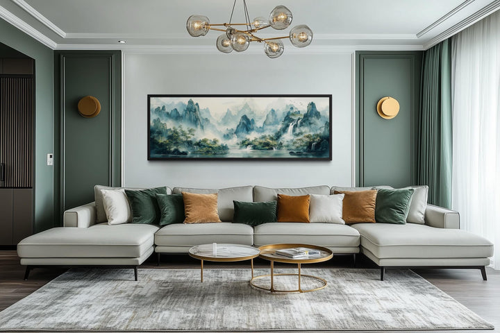 Green Shan Shui Long Narrow Landscape Canvas Wall Art