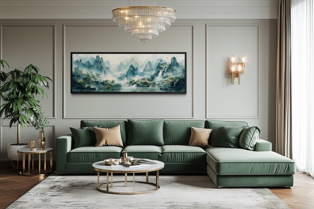 Green Shan Shui Long Narrow Landscape Canvas Wall Art