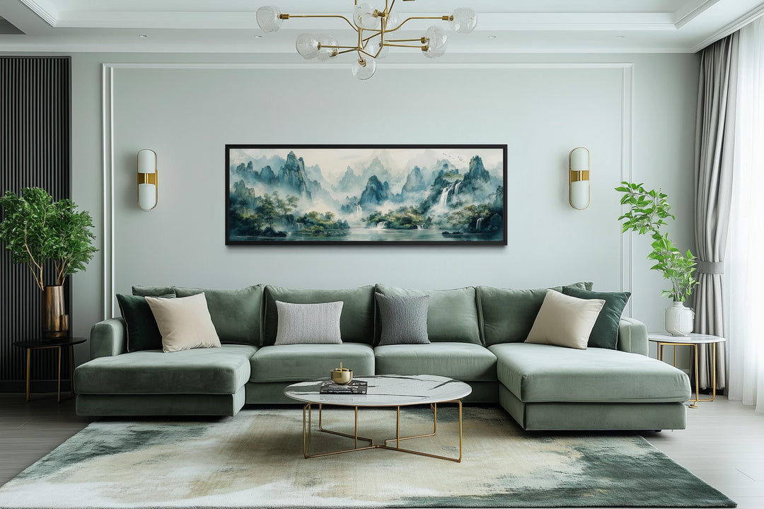 Green Shan Shui Long Narrow Landscape Canvas Wall Art