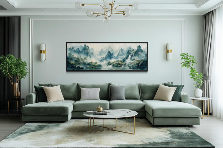 Green Shan Shui Long Narrow Landscape Canvas Wall Art