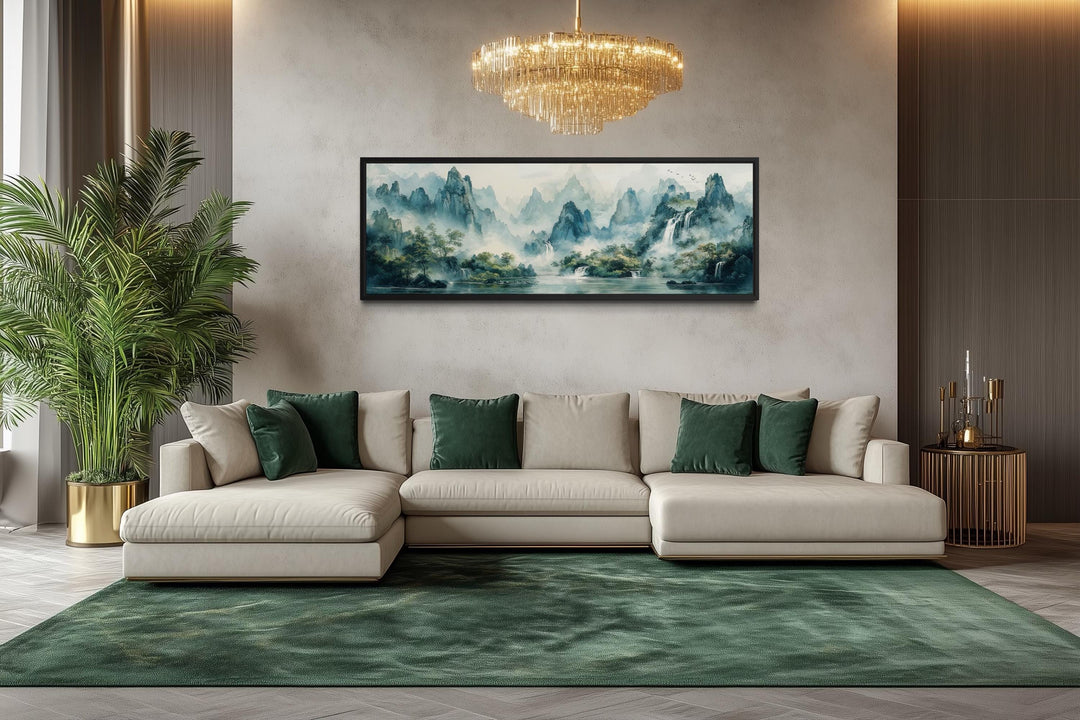 Green Shan Shui Long Narrow Landscape Canvas Wall Art