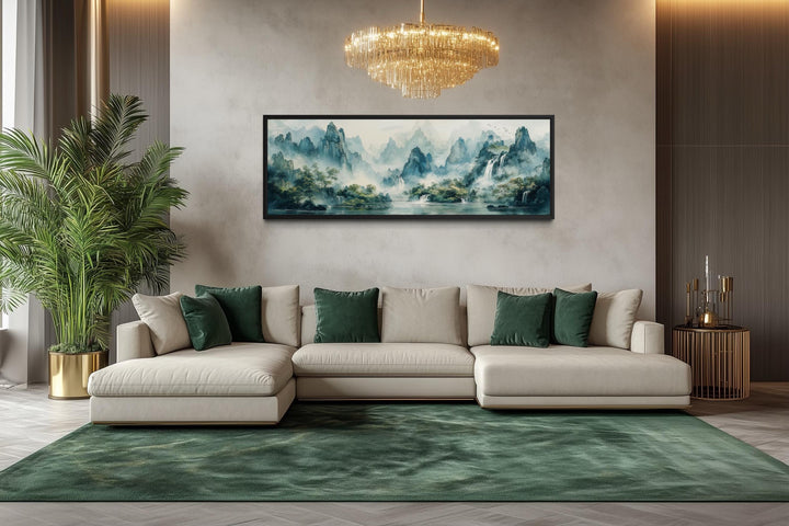 Green Shan Shui Long Narrow Landscape Canvas Wall Art