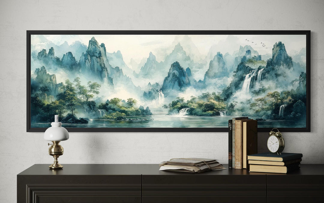 Green Shan Shui Long Narrow Landscape Canvas Wall Art