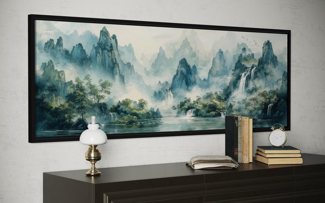 Green Shan Shui Long Narrow Landscape Canvas Wall Art