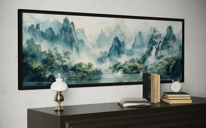 Green Shan Shui Long Narrow Landscape Canvas Wall Art