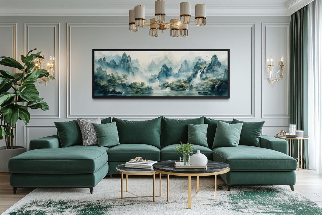 Green Shan Shui Long Narrow Landscape Canvas Wall Art