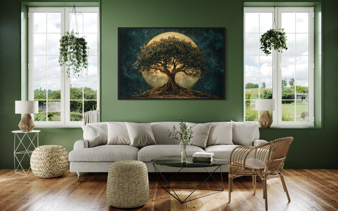 Green Tree Of Life At Night Under Big Moon Framed Canvas Wall Art