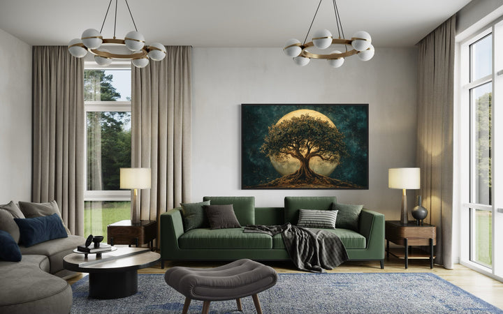 Green Tree Of Life At Night Under Big Moon Framed Canvas Wall Art