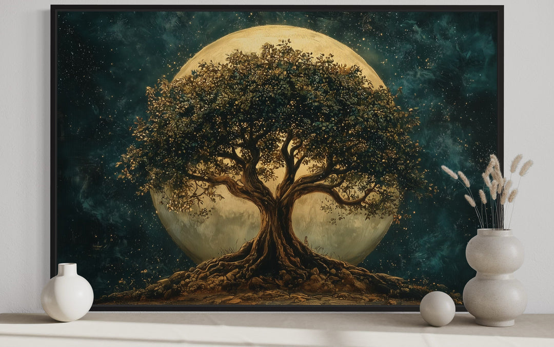 Green Tree Of Life At Night Under Big Moon Framed Canvas Wall Art