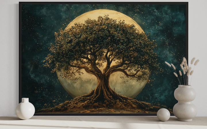 Green Tree Of Life At Night Under Big Moon Framed Canvas Wall Art