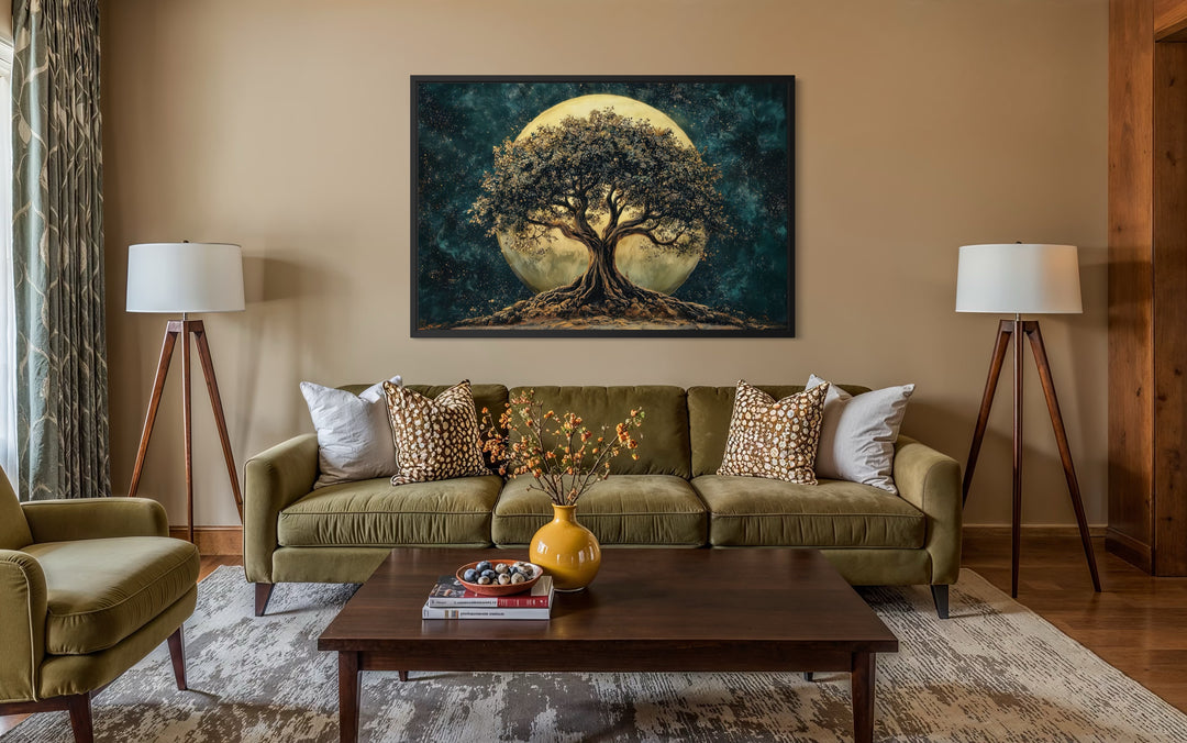Green Tree Of Life At Night Under Big Moon Framed Canvas Wall Art