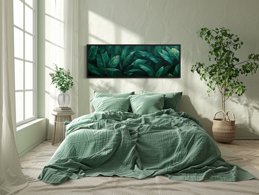 Green Tropical Leaves Long Narrow Horizontal Framed Canvas Wall Art