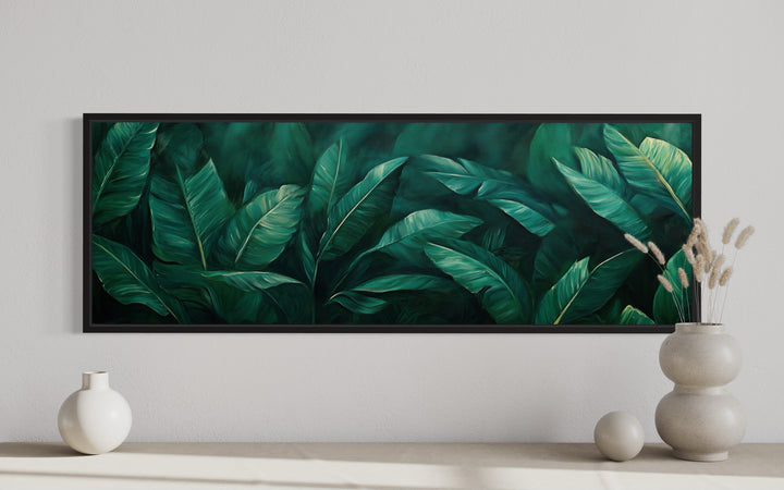 Green Tropical Leaves Long Narrow Horizontal Framed Canvas Wall Art